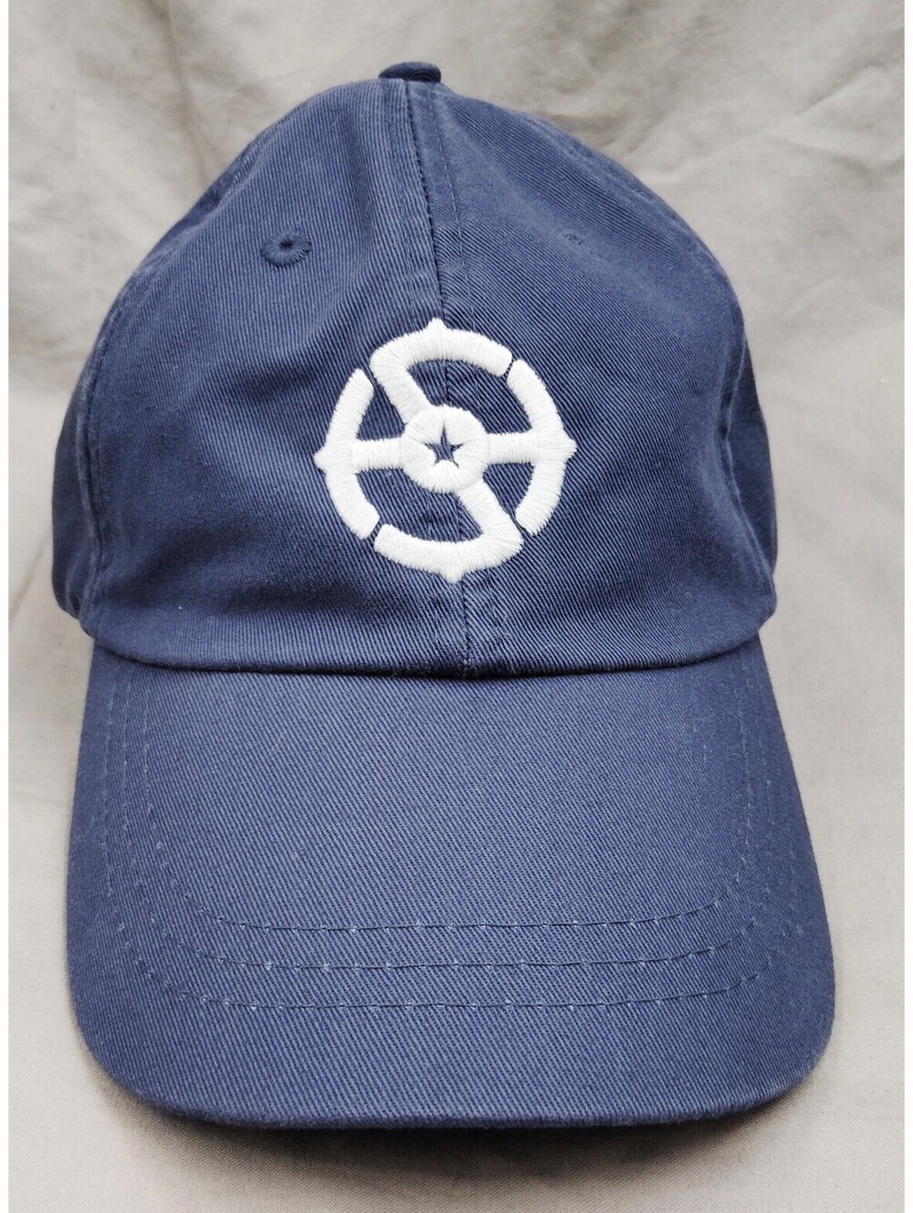 ADAMS Navy Blue Baseball Cap White Embroidered Logo Leather Strapback Dad Hat